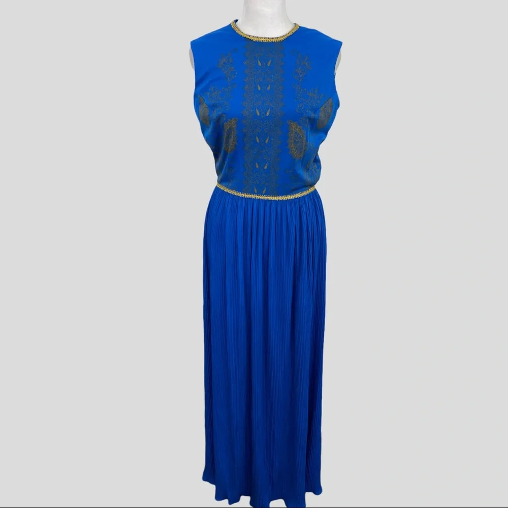 Vintage 70s Alfred Shaheen Blue and Gold Sleeveless Maxi Dress - Picture 9 of 9